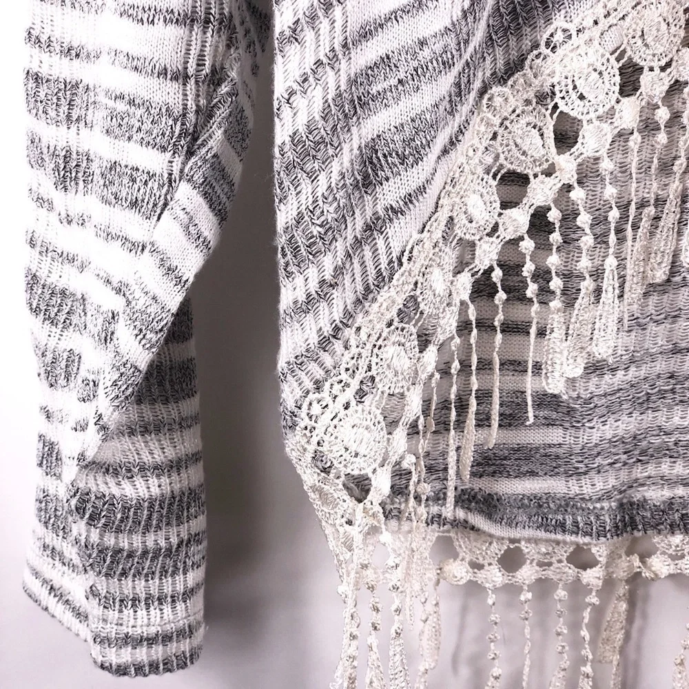 POOF Gray White Striped Lightweight Hooded Fringe Pullover Cover Up Small